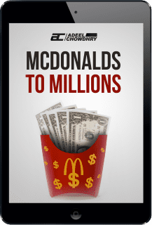 iPad displaying the book cover for "McDonald's to Millions" by Adeel Chowdhry, representing the potential for achieving financial freedom and building wealth through entrepreneurship, as taught in the Internet Millionaire program.
