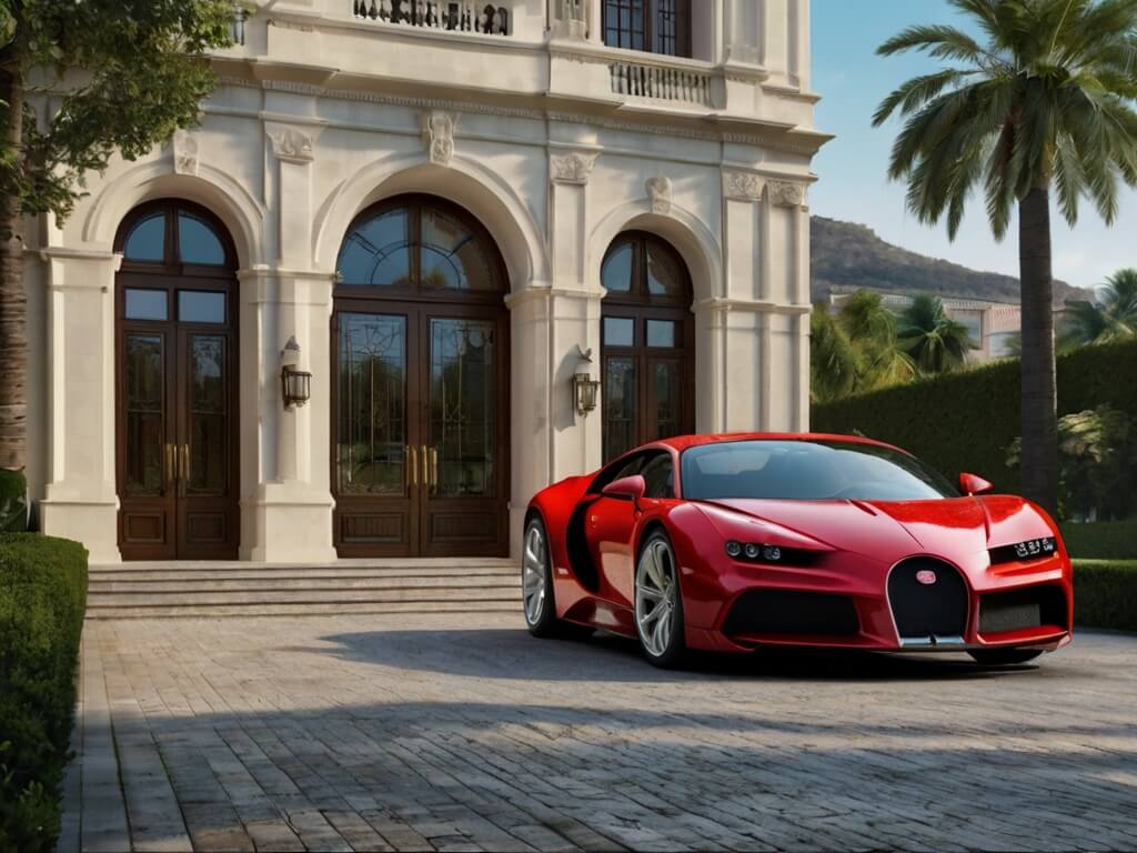 Opulent mansion with a sleek red Bugatti sports car parked in the driveway, symbolizing the lavish lifestyle that can be attained by building a successful online business using the strategies and training provided in the Internet Millionaire program.