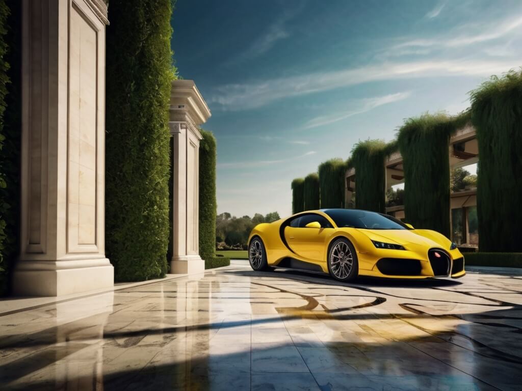 Luxurious mansion with a yellow Bugatti sports car parked in the driveway, representing the wealth and success achievable through building profitable online businesses using the strategies taught in the Internet Millionaire program.