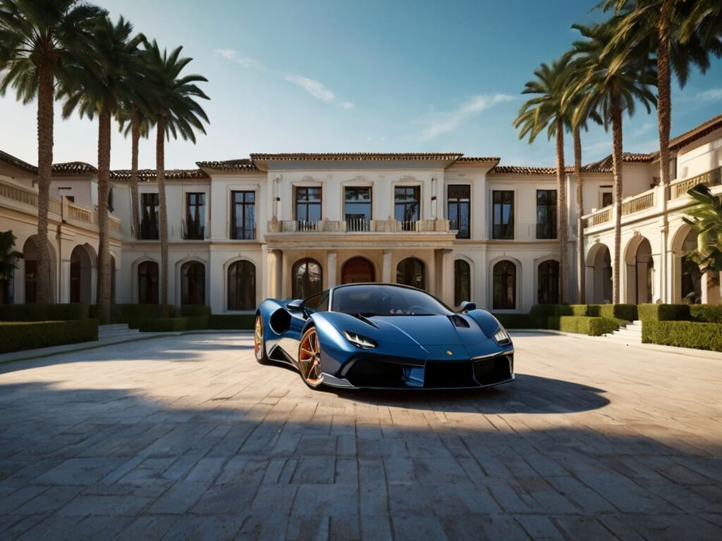 Opulent mansion with a sleek black Lamborghini sports car parked in the driveway, symbolizing the lavish lifestyle that can be attained by building a successful online business using the strategies and training provided in the Internet Millionaire program.
