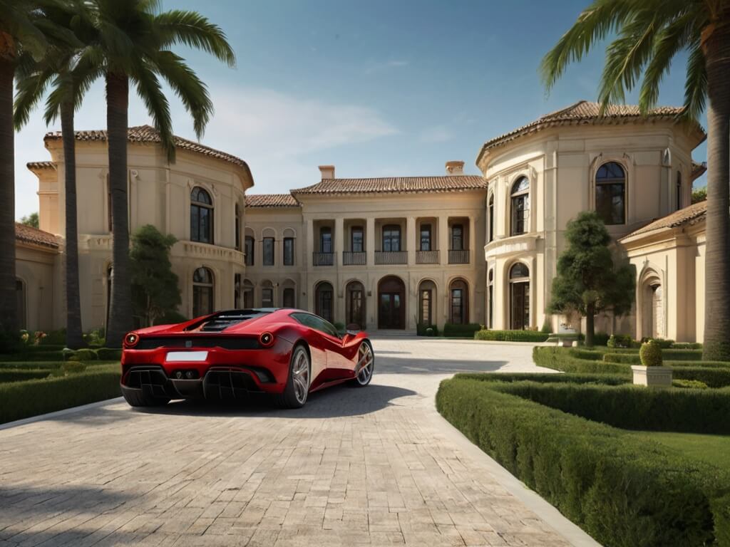 Internet Millionaire lifestyle with red Ferrari in mansion driveway as artificial intelligence makes anything possible.