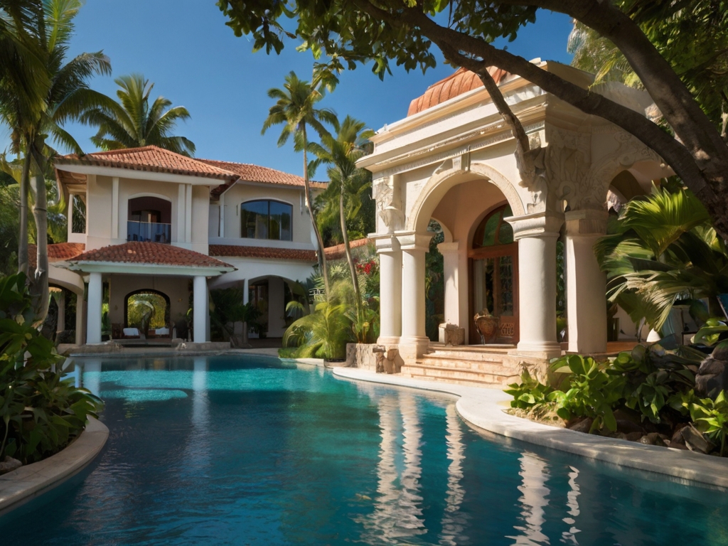 Learn passive income ideas and potentially afford a luxurious mansion surrounded by stunning pools, symbolizing the opulent lifestyle achievable through successful remote work strategies.