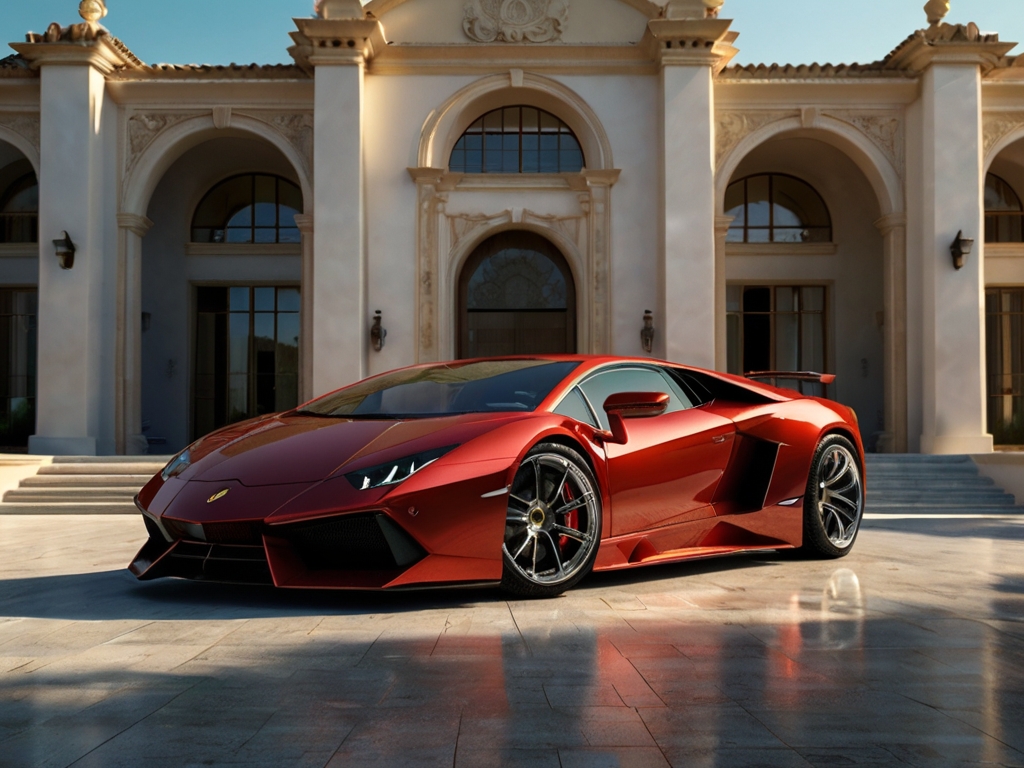 Sleek new Lamborghini sports car in a vibrant color parked in the circular driveway of a luxurious mansion, symbolizing success and the potential to make money with innovative business ideas like leveraging AI technology such as ChatGPT.