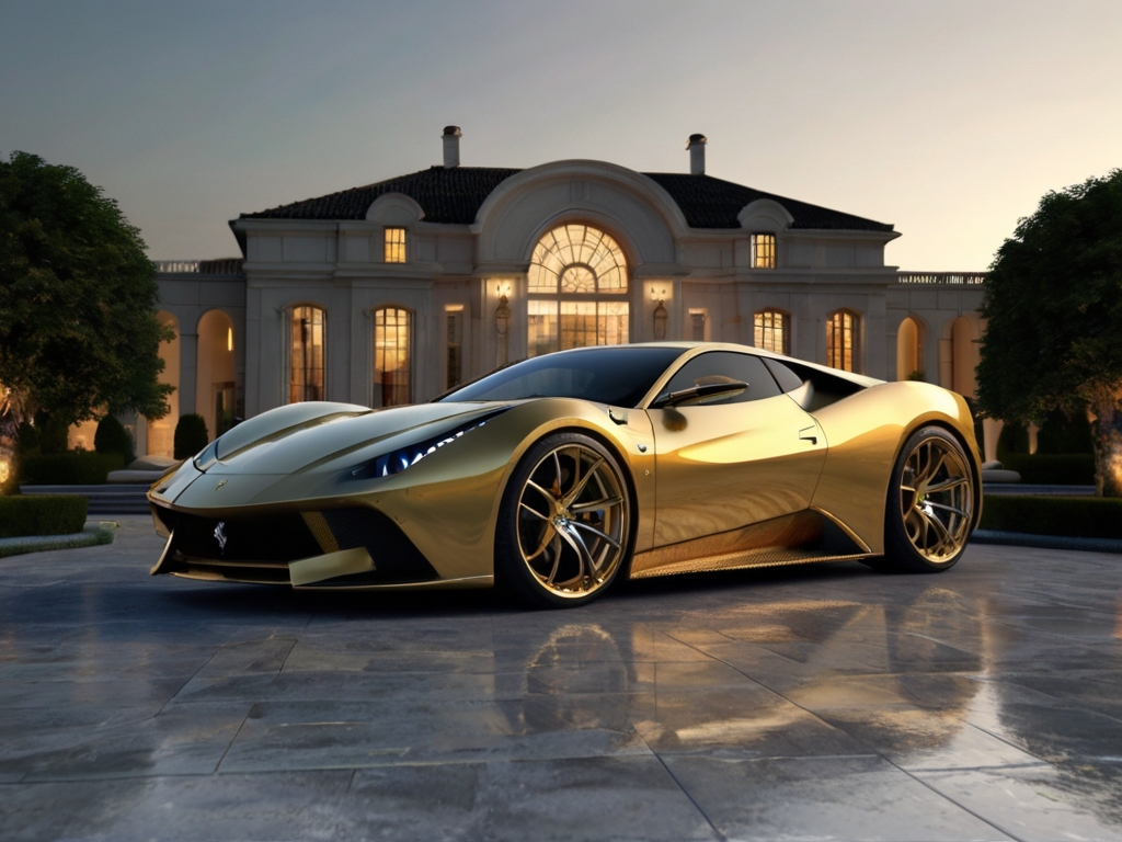 A gleaming gold Ferrari sports car parked in front of a luxurious mansion, symbolizing the opulent lifestyle attainable through emerging Internet wealth trends and the proven strategies taught in the Internet Millionaire program for building profitable online businesses.