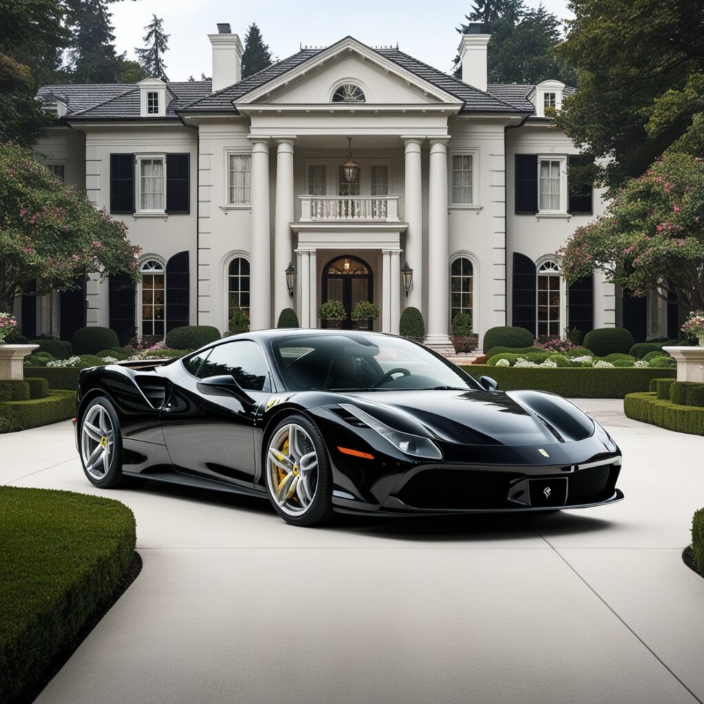 Luxurious black Ferrari parked in a mansion driveway, symbolizing the success achievable through Artificial Intelligence for Online Businesses.