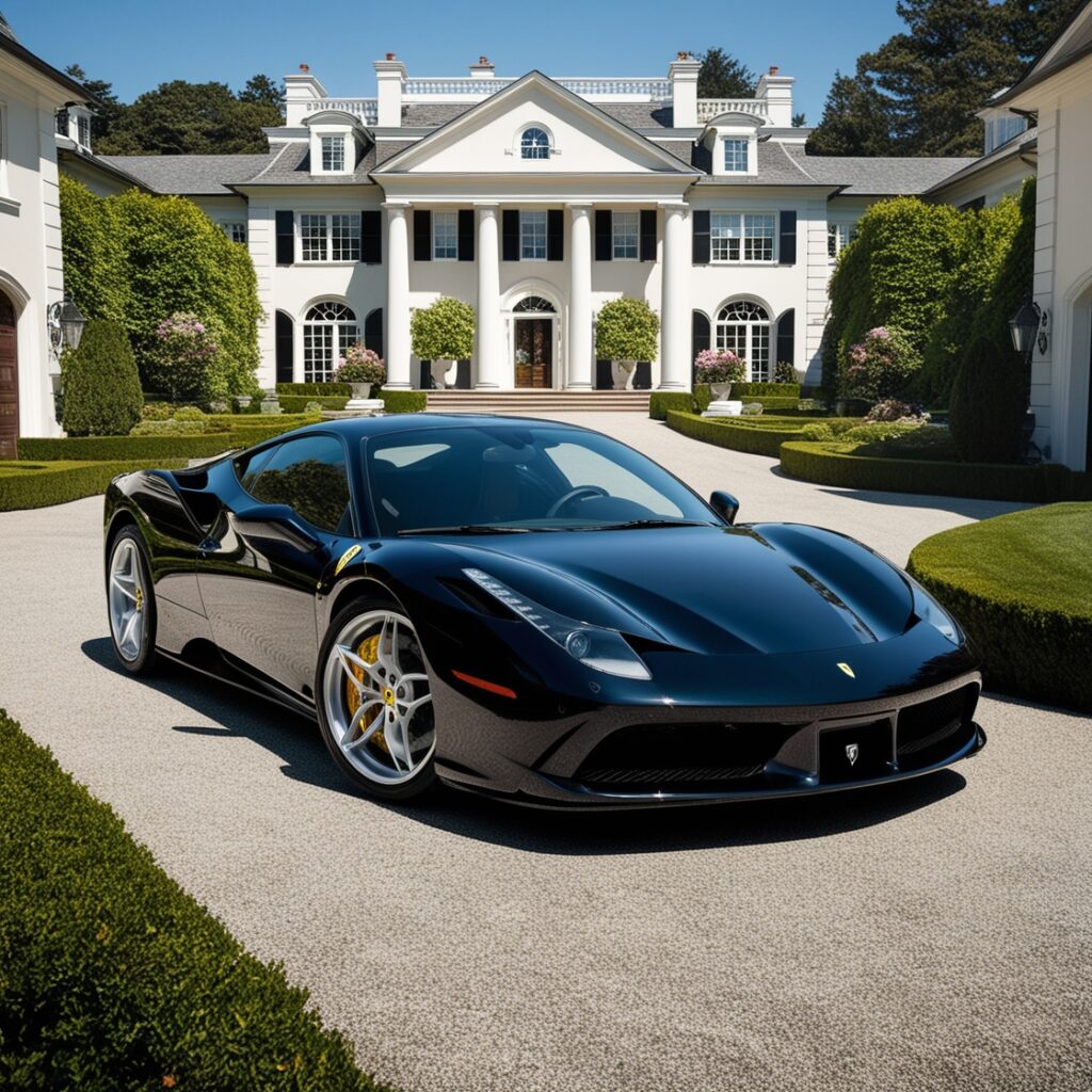 Affluent lifestyle with a grand mansion and sleek black Ferrari cars in the driveway, symbolizing the financial freedom attainable by starting one of the best online business ideas this year.
