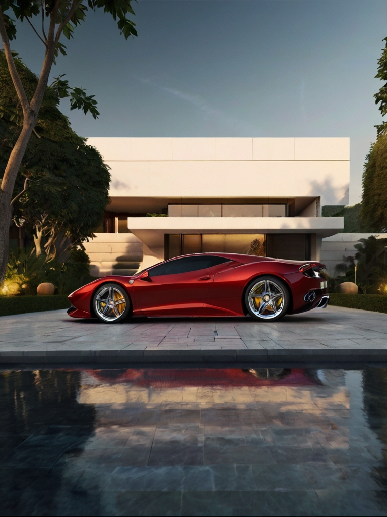 Opulent mansion with a sleek red Ferrari sports car parked in the driveway, symbolizing the lavish lifestyle that can be attained by building a successful online business using the strategies and training provided in the Internet Millionaire program.