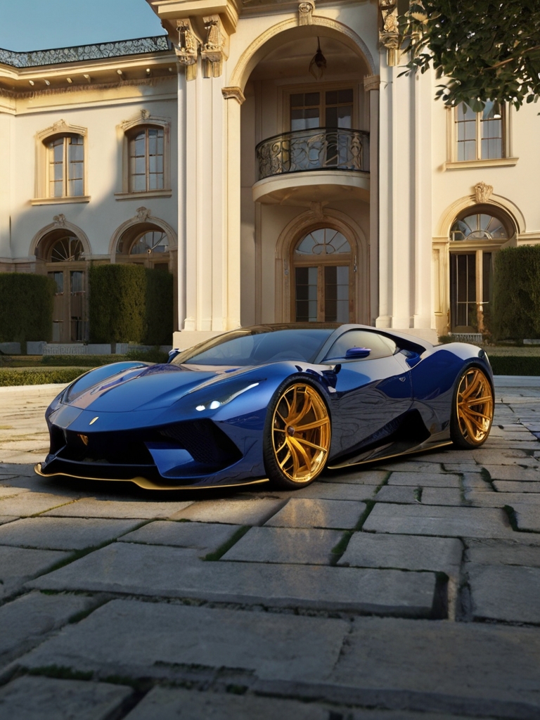 New blue Ferrari in mansion driveway depicting the internet millionaire lifestyle.