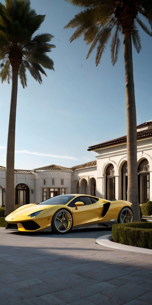 A yellow Lamborghini sports car parked in front of a luxurious mansion, representing the wealth and success that can be achieved through the Internet Millionaire program.