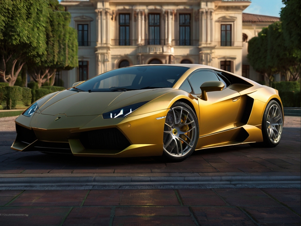 Luxurious mansion with circular driveway showcasing a sleek yellow Lamborghini sports car parked in front, symbolizing the affluent lifestyle attainable through successful passive income streams.